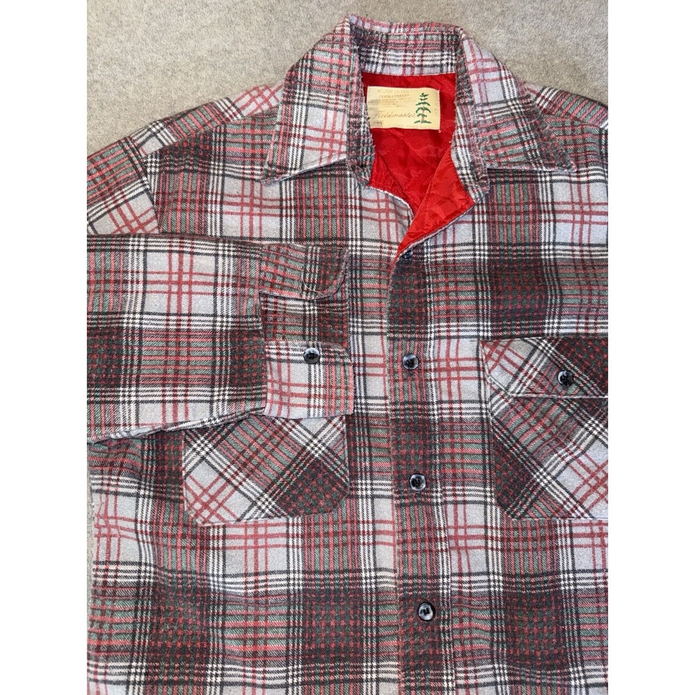 Sears Fieldmaster Vintage 70s Flannel Shacket Men's M Red Gray Plaid Quilted